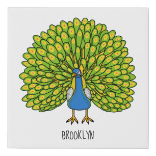 Fun bright peacock bird illustration faux canvas print