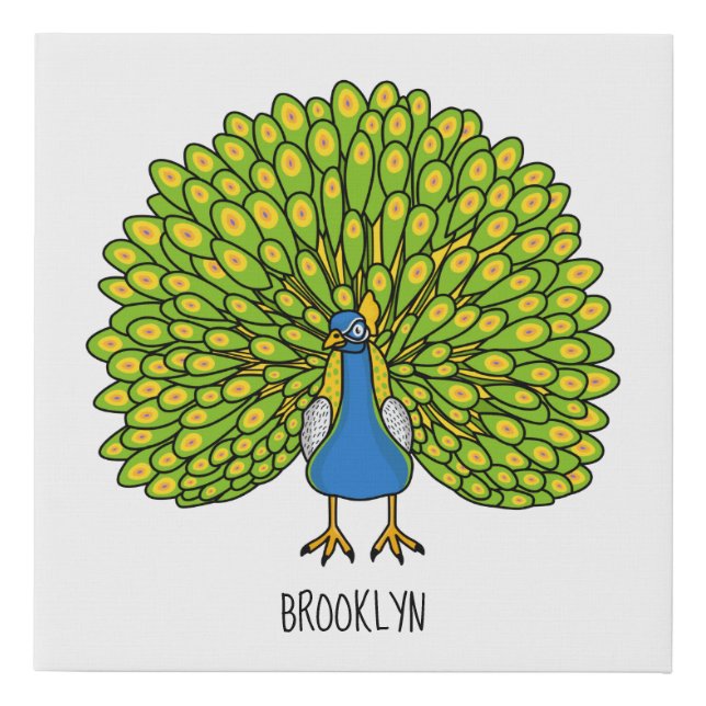 Fun bright peacock bird illustration faux canvas print (Front)