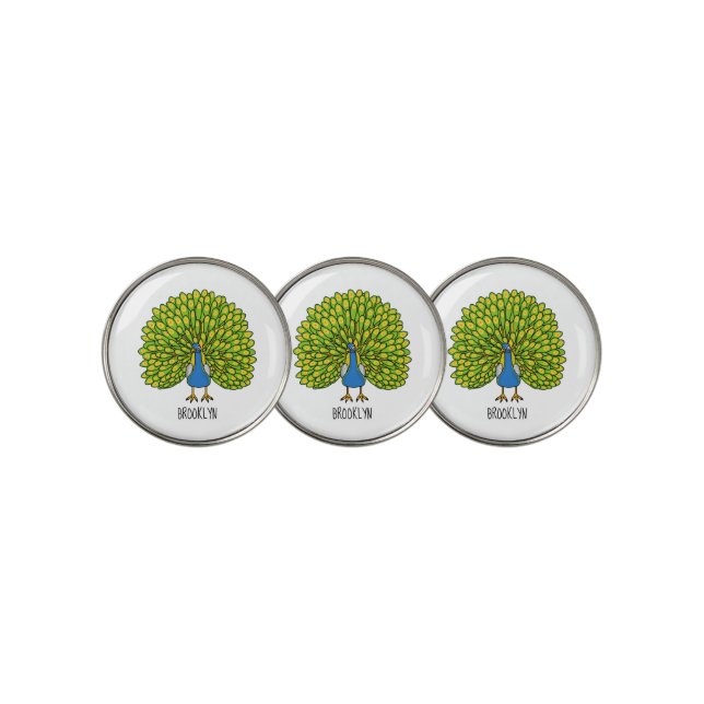 Fun bright peacock bird illustration golf ball marker (3 Up)
