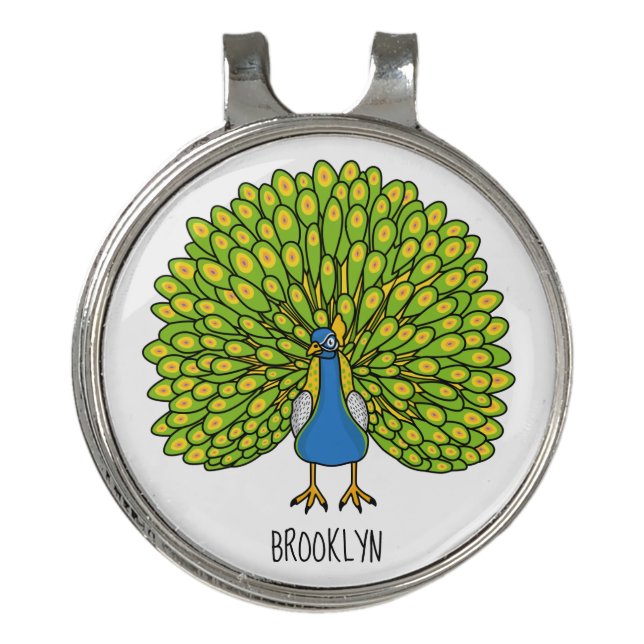 Fun bright peacock bird illustration golf hat clip (Front)