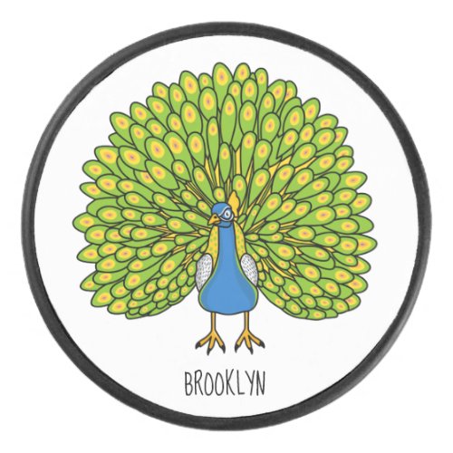 Fun bright peacock bird illustration hockey puck