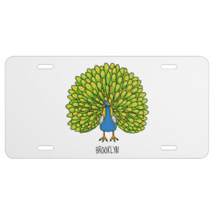 Fun bright peacock bird illustration license plate