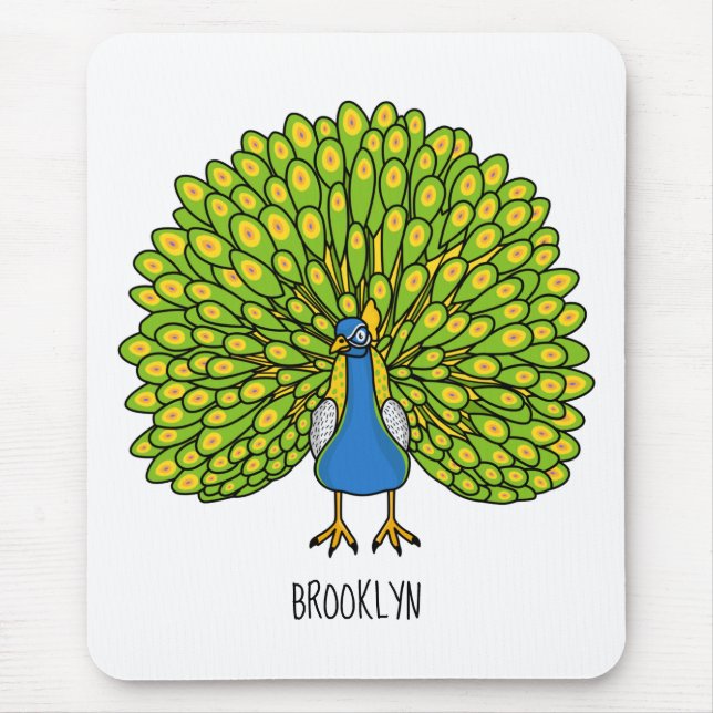 Fun bright peacock bird illustration mouse pad (Front)