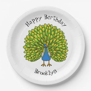 Fun bright peacock bird illustration paper plates