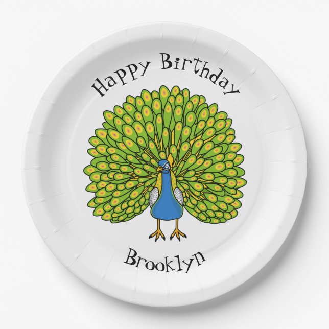 Fun bright peacock bird illustration paper plates (Front)