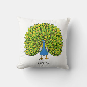 Fun bright peacock bird illustration throw pillow