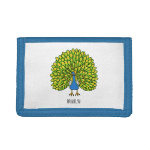 Fun bright peacock bird illustration tri-fold wallet