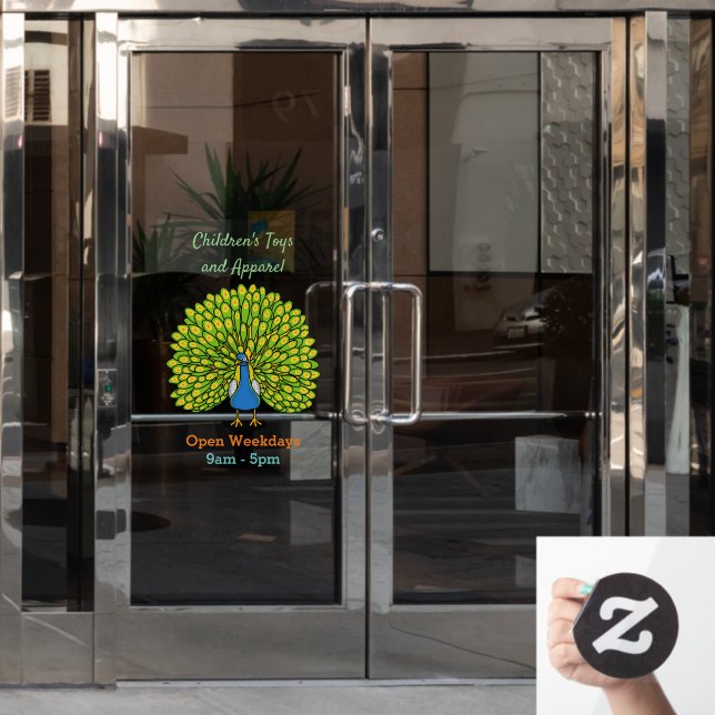 Fun bright peacock bird illustration window cling (Office Door)