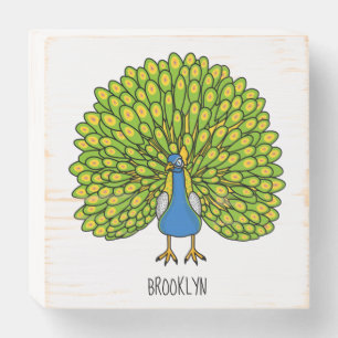 Fun bright peacock bird illustration wooden box sign