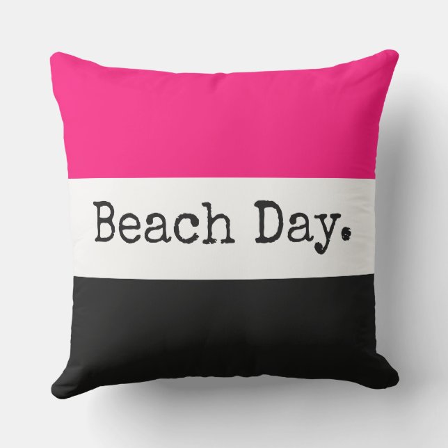 Fun Bright Pink Black White Stripes "Beach Day" Outdoor Pillow (Back)