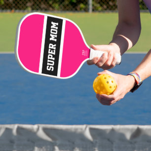 Fun Bright Pink Black White Stripes SUPER MOM Text Carbon Fiber Pickleball Paddle