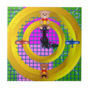 Fun Bright Pink Blocks on GoldRing Green Geometric Ceramic Tile