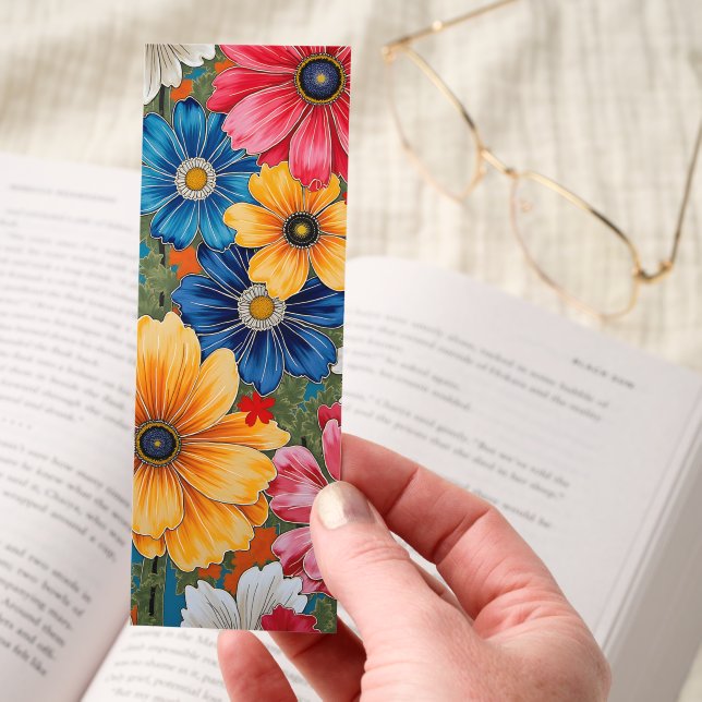 Fun Bright Pink Blue Yellow Flowers Two-sided Bookmarks (Hand)