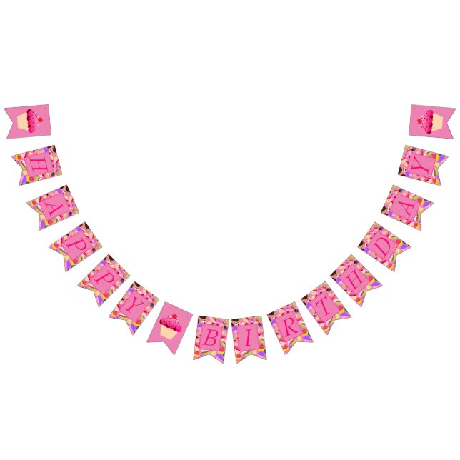 Fun, Bright Pink Cupcake Happy Birthday Bunting Flags (All)