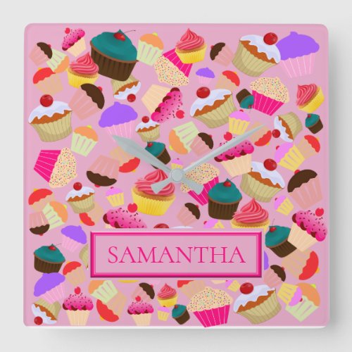 Fun Bright Pink Cupcake _ Personalized Square Wall Clock