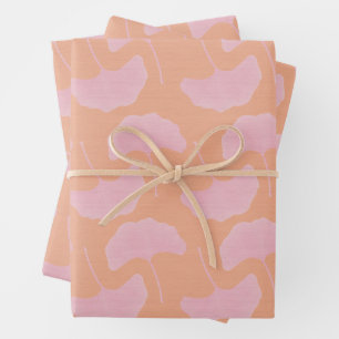 Fun Bright Pink & Orange Textured Gingko Leaves Wrapping Paper Sheets