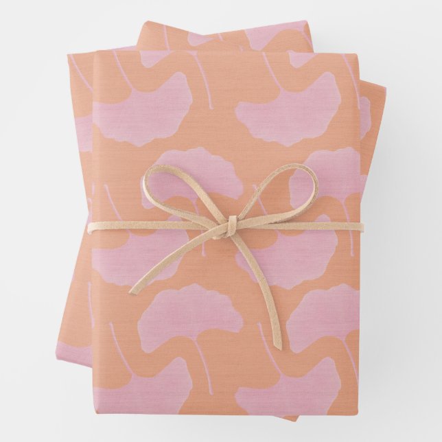 Fun Bright Pink & Orange Textured Gingko Leaves Wrapping Paper Sheets (In situ)