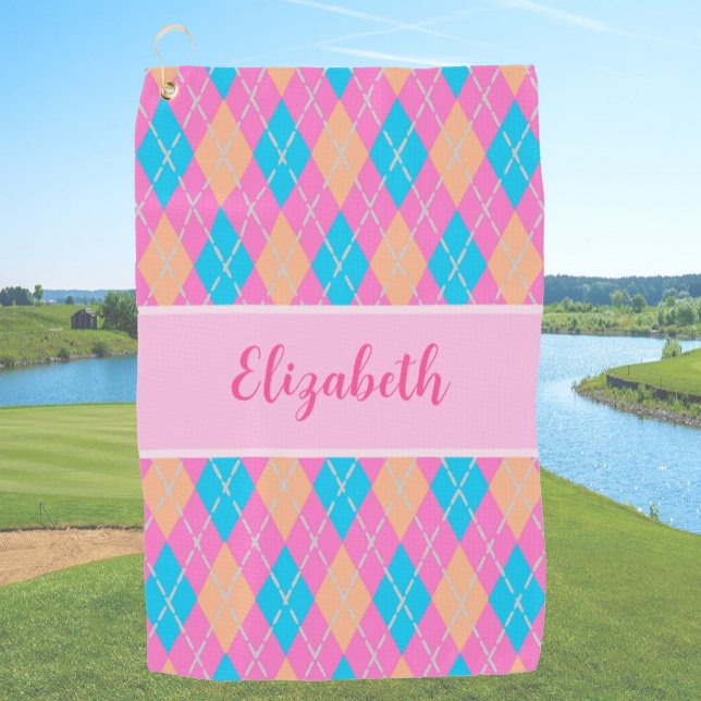 Fun Bright pink preppy argyle custom name ladies Golf Towel (Creator Uploaded)