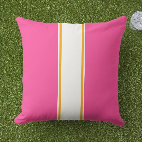 Fun Bright Pink White Golden Yellow Racing Stripes Outdoor Pillow