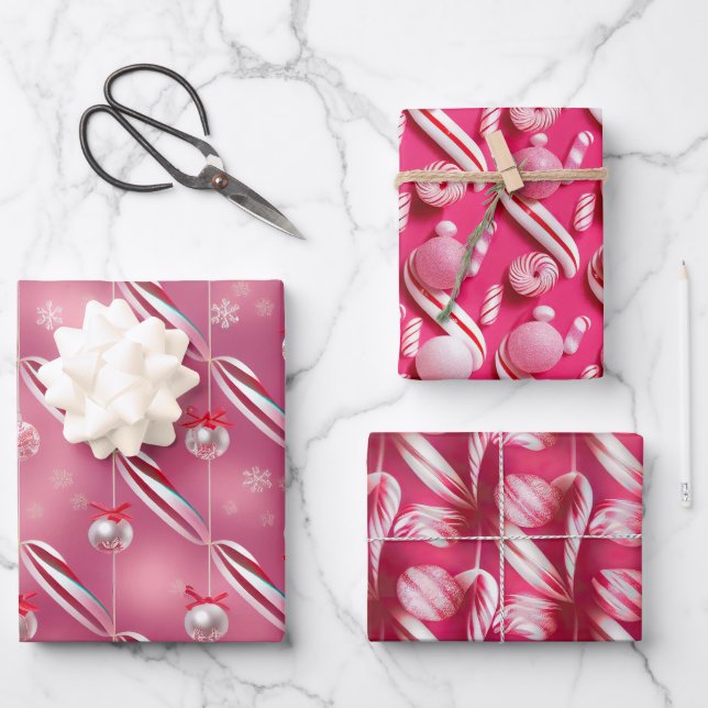 Fun Bright Pinks and Peppermint Candy Lane Wrapping Paper Sheets (Front)