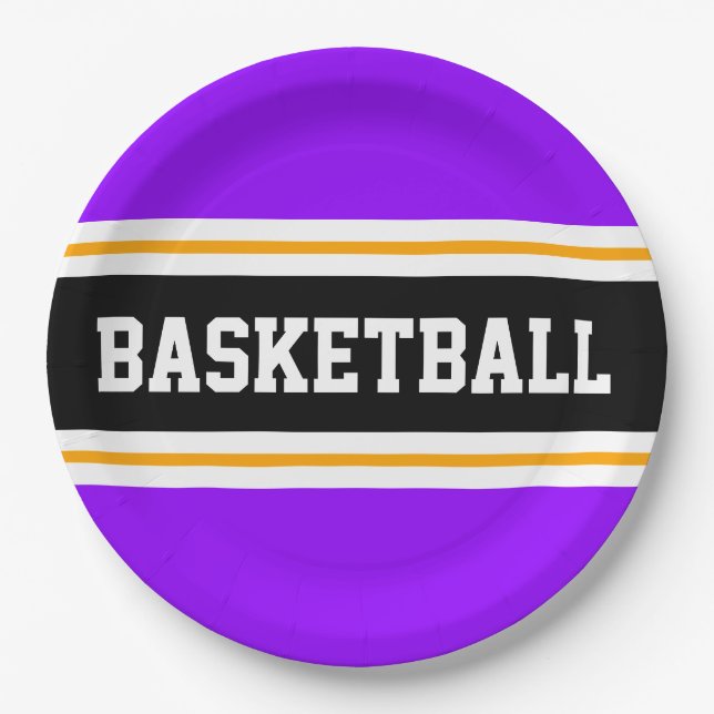 Fun Bright Purple Black Orange BASKETBALL Stripes Paper Plates (Front)