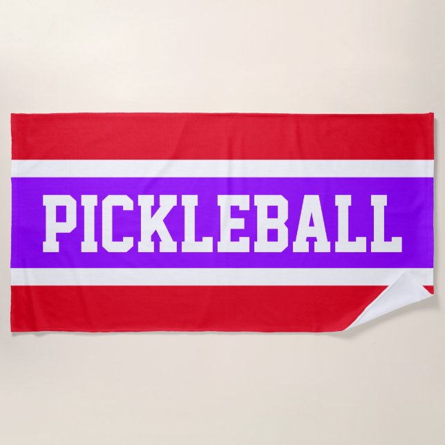 Fun Bright Purple Red PICKLEBALL Racing Stripes   Beach Towel (Front)