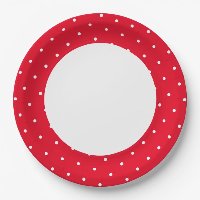 Fun Bright Red Polka Dotted Outer Rim On White Paper Plates (Front)