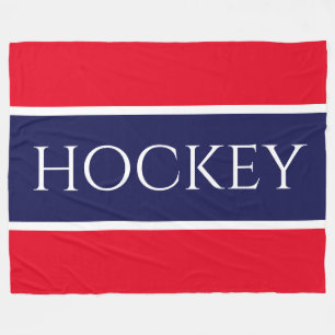 Fun Bright Red White Navy Blue "HOCKEY" Stripes Fleece Blanket