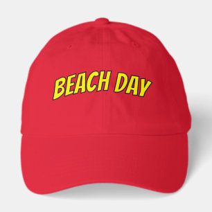 Fun Bright Yellow Outlined BEACH DAY Text On Red Hat