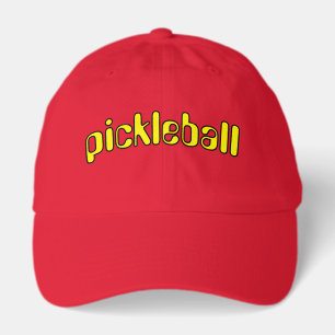 Fun Bright Yellow Outlined PICKLEBALL Text On Red Hat