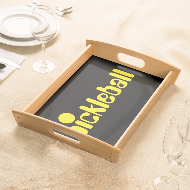 Fun Bright Yellow PICKLEBALL Text On Bold Black Serving Tray (Front)