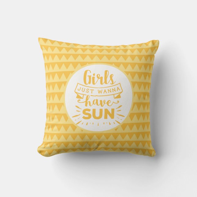Fun Bright Yellow Summer Girls Just Wanna Have Sun Throw Pillow (Front)