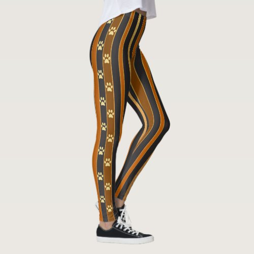 Fun Brown and Faux Gold Side Trail Of Paw Prints L Leggings