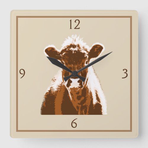 Fun Brown Cow Farm Animal Square Wall Clock