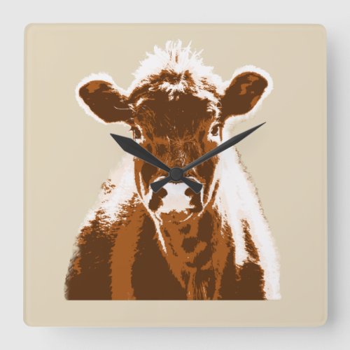 Fun Brown Cow Farm Animal Square Wall Clock