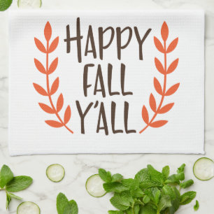 Fun Brown Orange Happy Fall Leaf Kitchen Towel