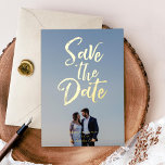 Fun Brushed Font Photo Save the Date Gold Foil Foil Invitation<br><div class="desc">Real foil is here! Full bleed photo with brushed style save the date graphic. All text is in gold foil or choose silver foil,  rose foil as desired. Add text or photos to the back side and edit backer color.</div>