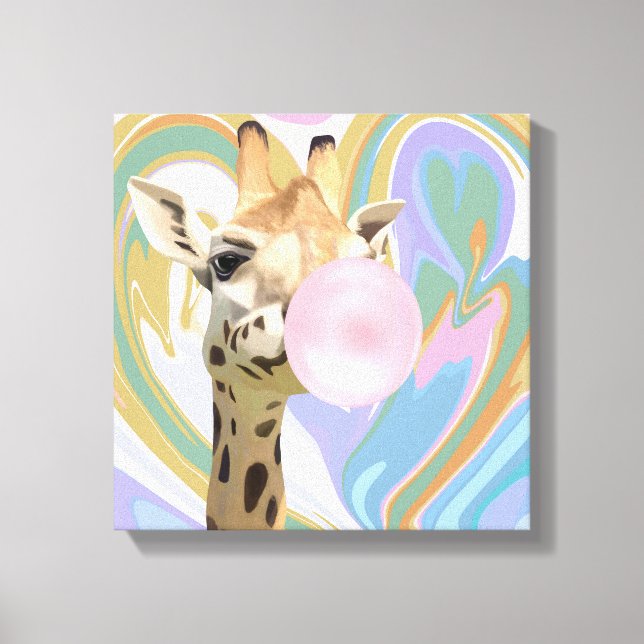 Fun Bubblegum Blowing Giraffe Liquid Swirl Blue Canvas Print (Front)