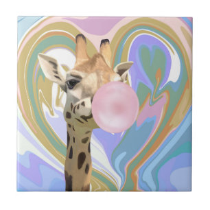 Fun Bubblegum Blowing Giraffe Liquid Swirl Blue Ceramic Tile