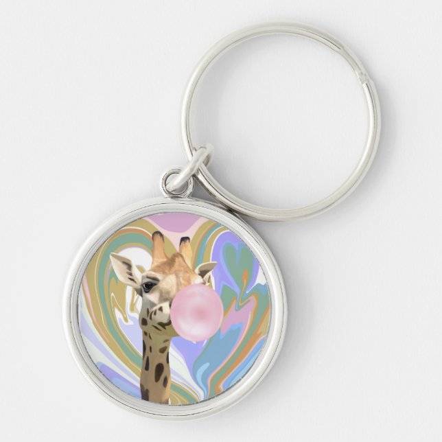 Fun Bubblegum Blowing Giraffe Liquid Swirl Blue Keychain (Front)