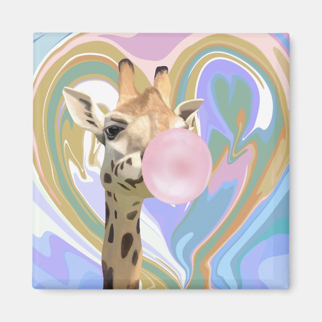 Fun Bubblegum Blowing Giraffe Liquid Swirl Blue Magnet (Front)