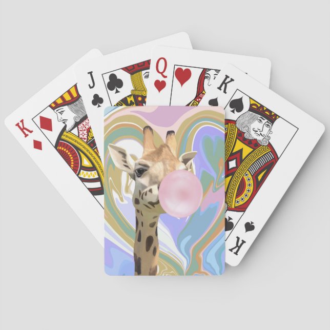 Fun Bubblegum Blowing Giraffe Liquid Swirl Blue Poker Cards (Back)