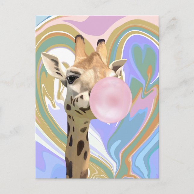 Fun Bubblegum Blowing Giraffe Liquid Swirl Blue Postcard (Front)