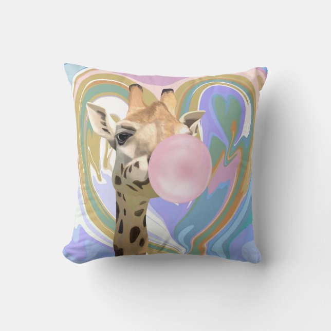 Fun Bubblegum Blowing Giraffe Liquid Swirl Blue Throw Pillow (Front)