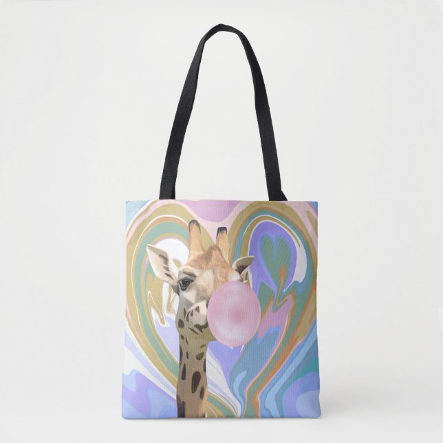 Fun Bubblegum Blowing Giraffe Liquid Swirl Blue Tote Bag (Front)