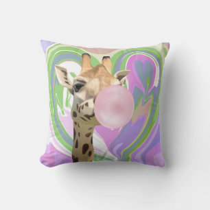 Fun Bubblegum Blowing Giraffe Liquid Swirl Purple Throw Pillow