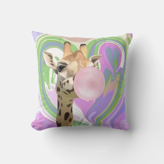 Fun Bubblegum Blowing Giraffe Liquid Swirl Purple Throw Pillow (Front)