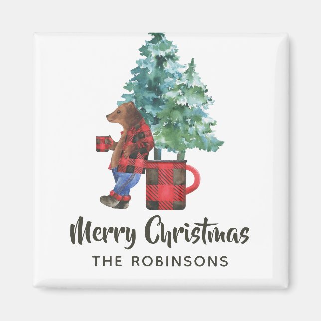 Fun Buffalo Plaid Lumberjack Bear Christmas Magnet (Front)
