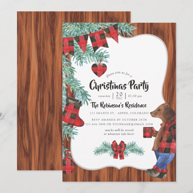 Fun Buffalo Plaid Lumberjack Bear Christmas Party Invitation (Front/Back)