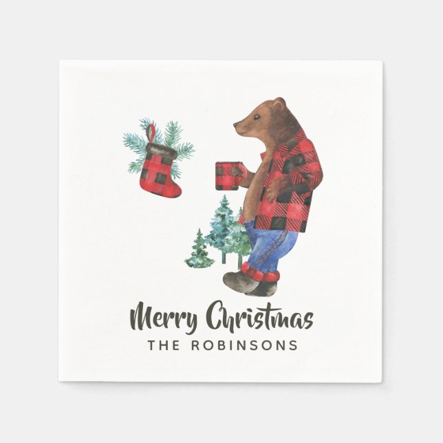 Fun Buffalo Plaid Lumberjack Bear Christmas Party Napkins (Front)